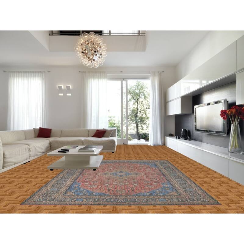 Pink Geometric Tabriz Persian Vintage Rug Hand-Knotted Wool Carpet - 9'8" x 12'11"