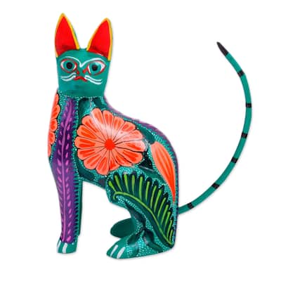 Novica Handmade Floral Feline Wood Alebrije Figurine