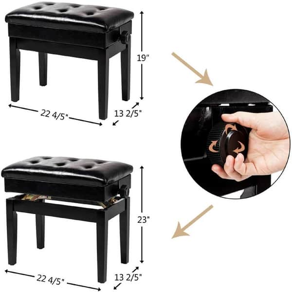 dimension image slide 0 of 2, Button Surface Cushion Straight Leg Adjustable Piano Stool Black