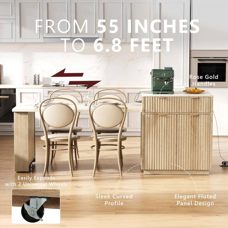 Fluted Kitchen Island with Extendable Dining Table