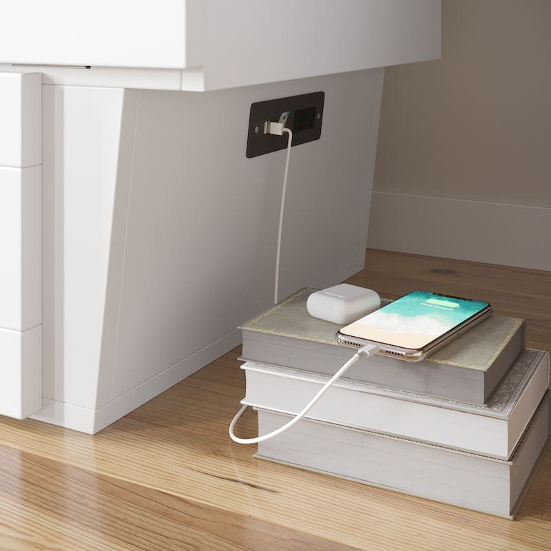 Sydney Queen Murphy Bed Chest with 6" Mattress, Storage Drawer & Built-In Charger in White