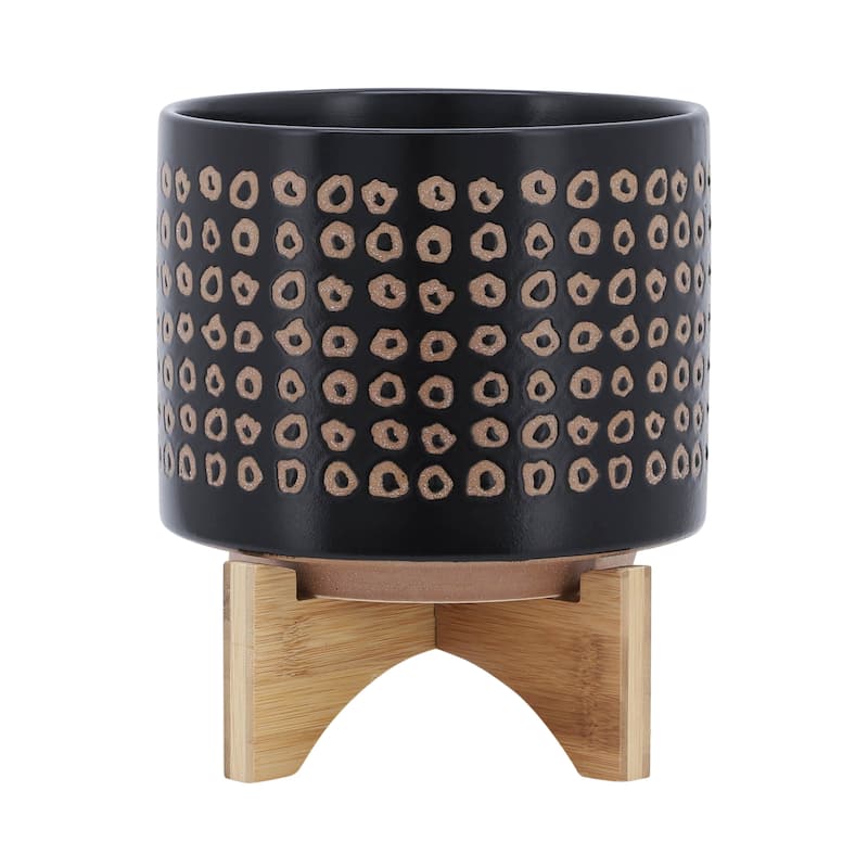 Sagebrook Home Neutral Tan and Brown Ceramic Dotted Planter with Wood Stand Indoor Outdoor - 7.75"x7.75"x9.25" - Aztec Brown