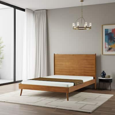 Ozzy Queen Size Bed with Slat Panel Design, Natural Acacia Wood Finish