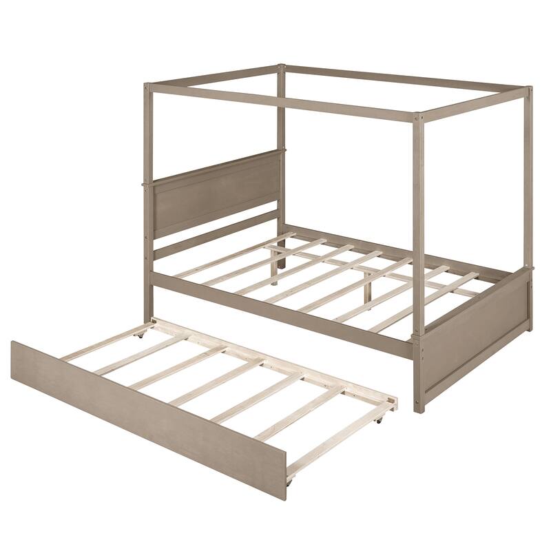 Full Size Canopy Platform Bed with Trundle, Solid Wood Frame, Support Slats Included