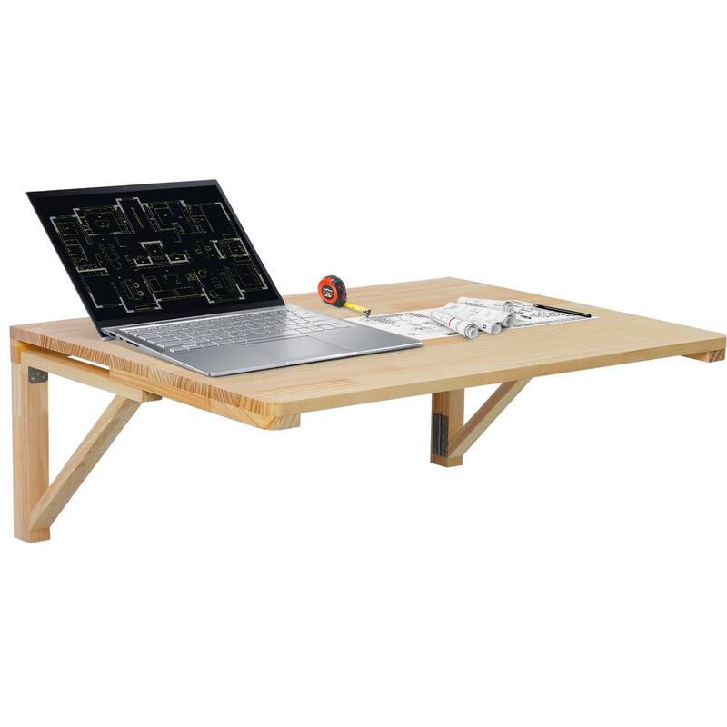 Natural Pine Wall Mounted Folding Table Desk, Space Saving and 100 lbs Load Capacity