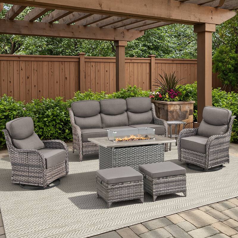 Meyreso 7-Piece Wicker Outdoor Patio Fire Pit Conversation Set with 6-Inch Thick Cushions