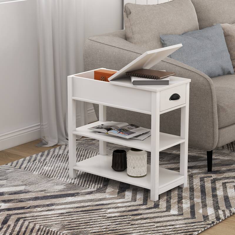 Narrow Side Table Sofa Table with Black Handle & Base Shelf Storage Cabinet Coffee Table Snack Table for Office, Bedroom