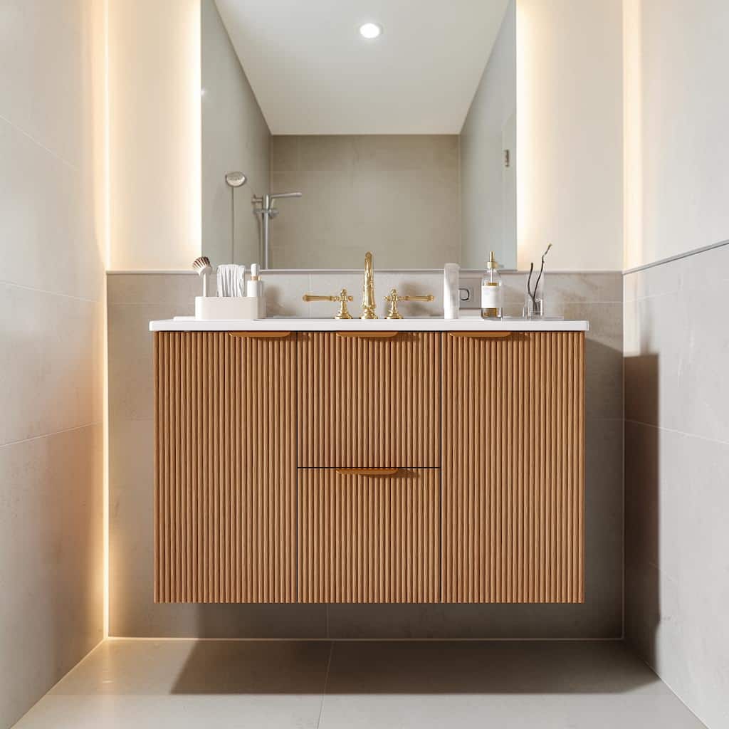 36 Inch Floating Bathroom Vanity with Ceramic Sink Top, Wall Mounted MDF Storage Cabinet with Drawers