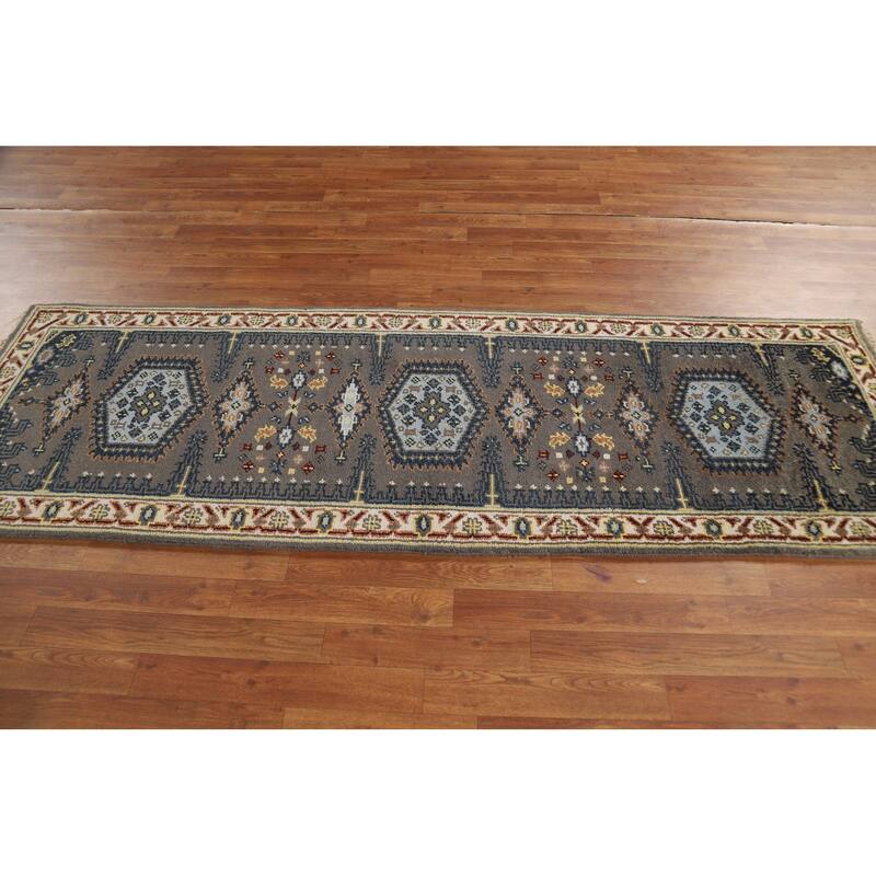 Gray Geometric Viss Indian Runner Rug Handmade Wool Carpet - 2'7"x 8'1"