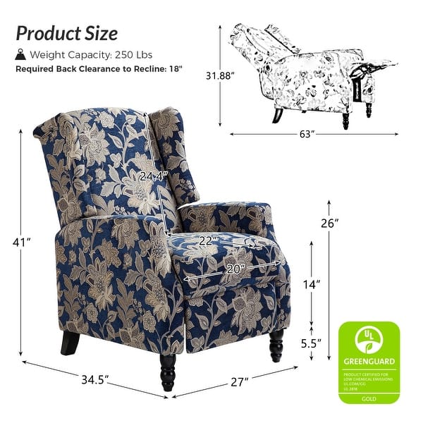 dimension image slide 8 of 10, HULALA HOME Damaris Mid-Century Modern Manual Pushback Recliner with Wingback Design Set of 2