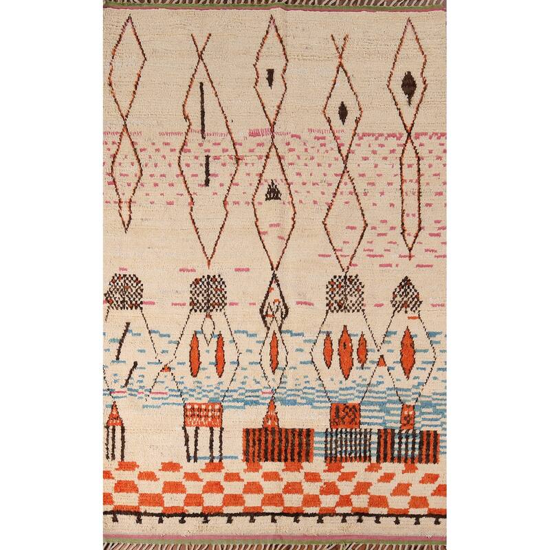 Tribal Plush Moroccan Area Rug Hand-Knotted Wool Carpet - 6'5" x 9'10"