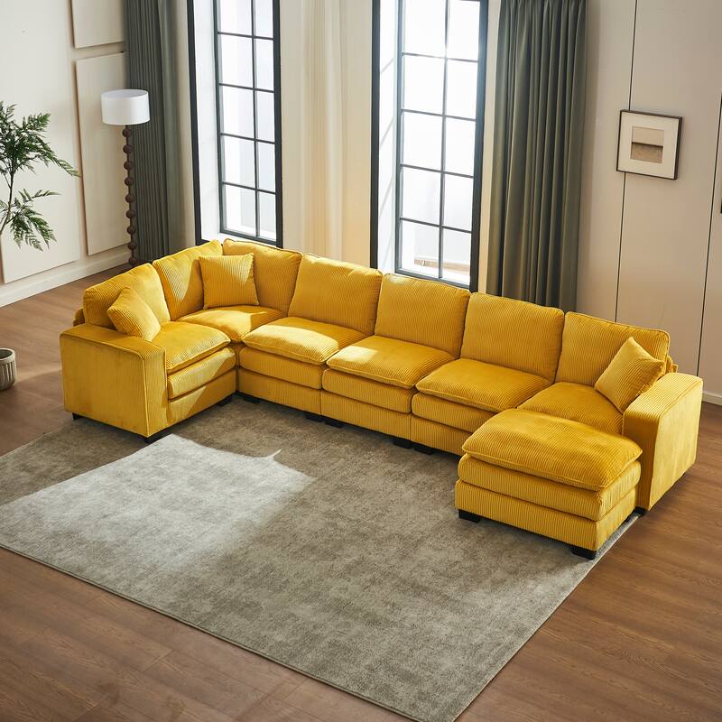 Modular Sectional Sofa for Living Room, U Shaped Sofa Couch with Ottoman and Three Toss Pillows, Corduroy Fabric Sofa Set