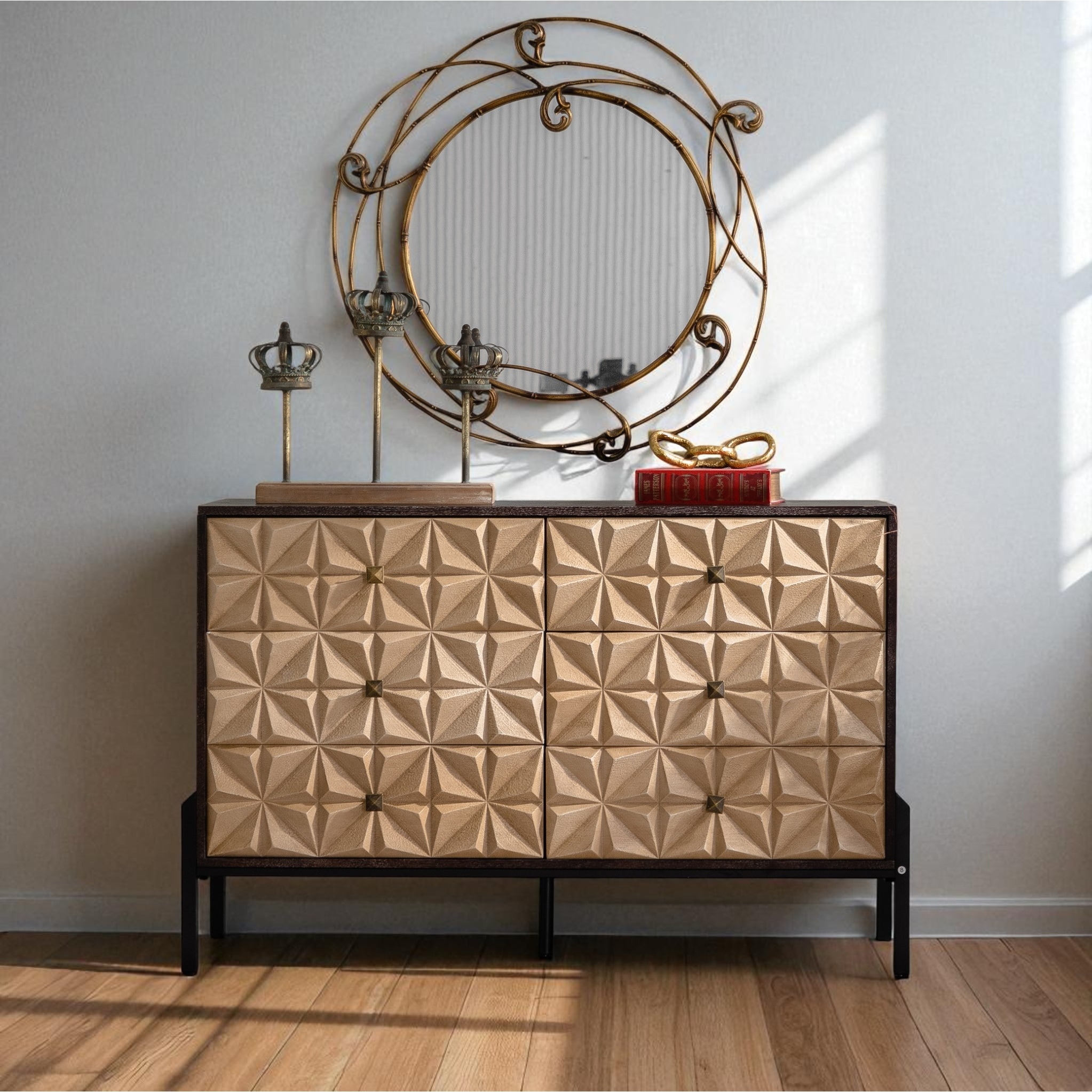 Solid Wood 6-Drawer Sideboard with Geometric Pattern, Mid-Century Modern Dresser Cabinet for Dining Room, Kitchen, Living Room