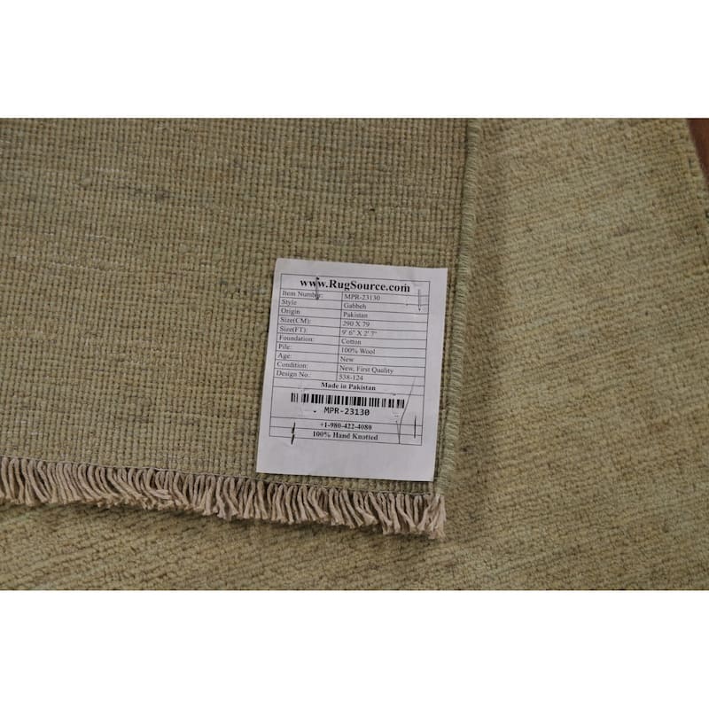 Muted Green & Gold Modern Gabbeh Runner Rug Handmade Wool Carpet - 2'7" x 9'6"
