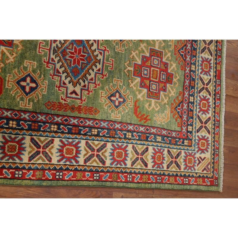 Light Green Kazak Oriental Accent Rug Handmade Wool Carpet - 3'2" x 4'11"