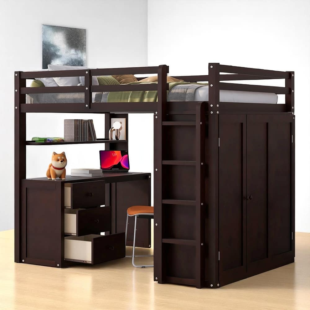 Wooden Twin/Full Loft Bed with Built-in Desk, Wardrobe Closet & Storage Drawers, Guardrail Design