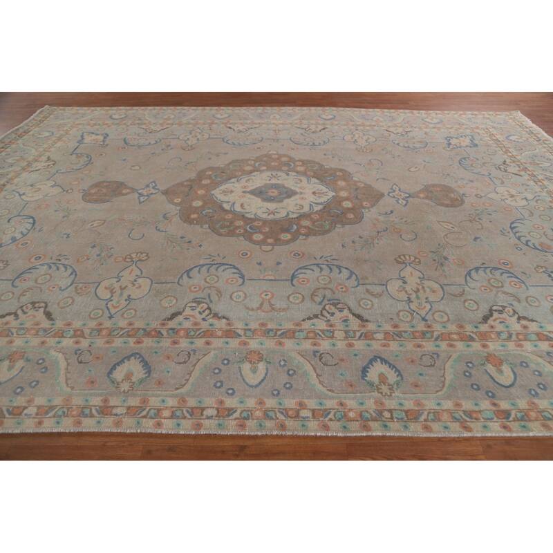 Hand Knotted Oriental 100% Wool Carpet Traditional Floral Beige & Ivories Tabriz Area Rug - 13' 3'' X 9' 10''