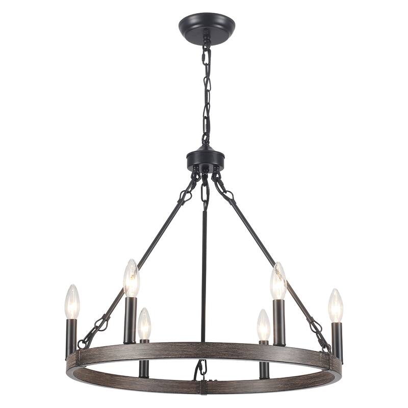 22.04 in. 6-Light Black Rustic Farmhouse Chandelier, Wagon Wheel Chandelier for Dining Room Living Room Bedroom Kitchen