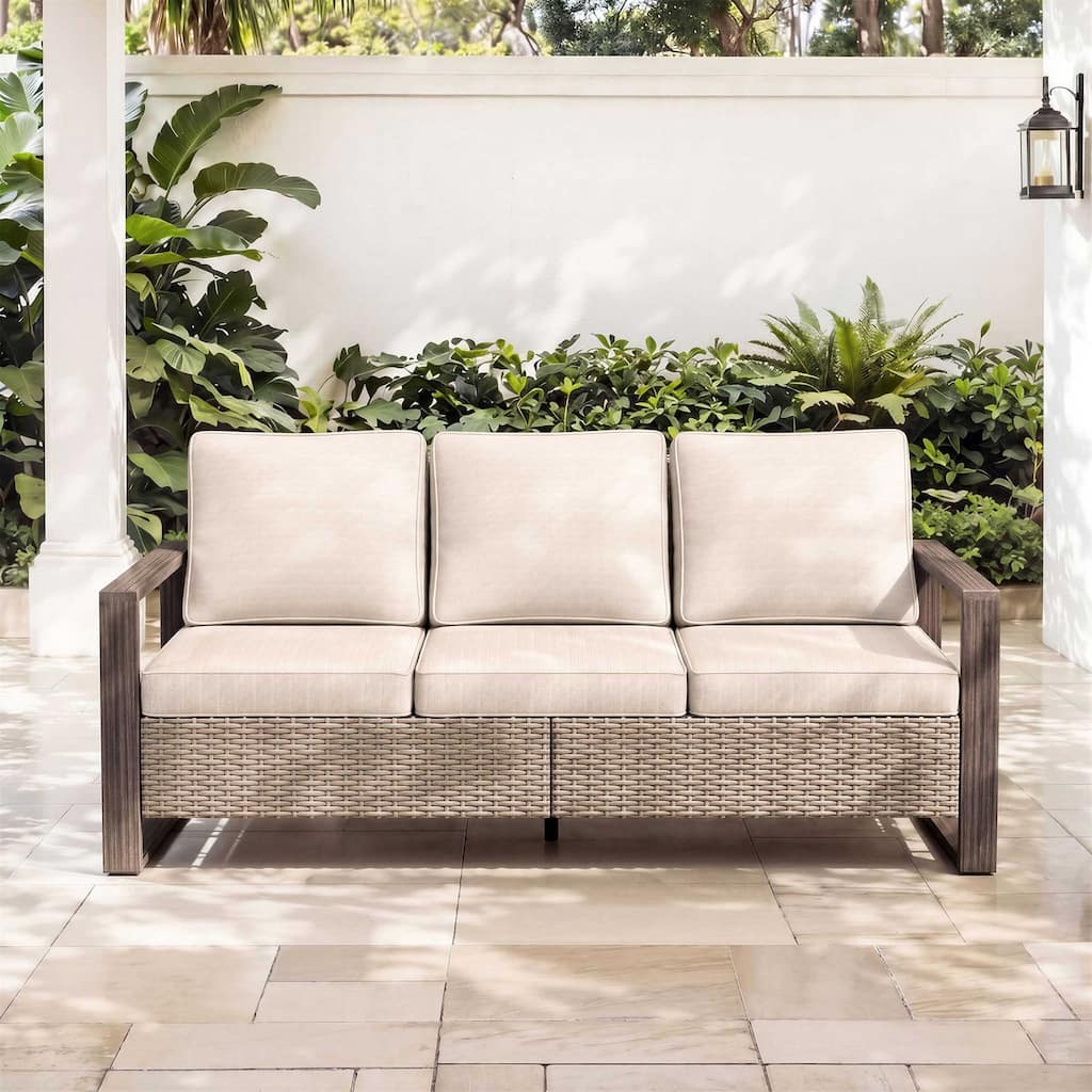 Cozywor Wicker Outdoor Patio Sofa Steel Frame with Beige Cushions