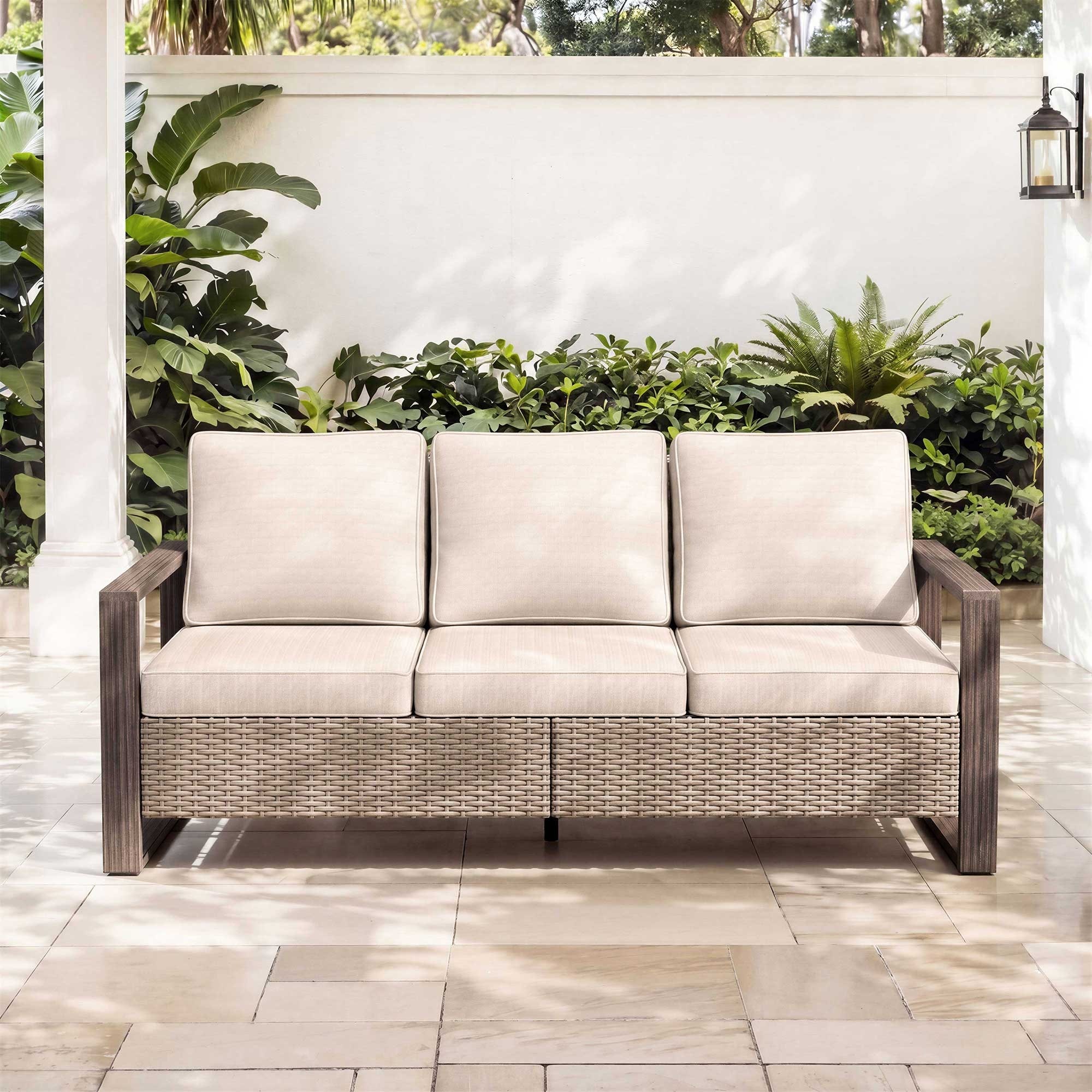 Cozywor Wicker Outdoor Patio Sofa Steel Frame with Beige Cushions