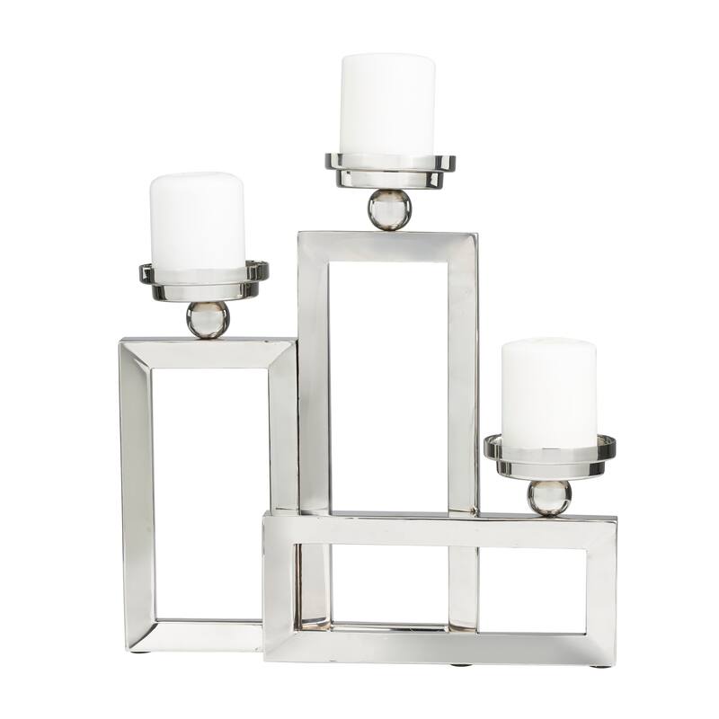 Silver Stainless Steel Metal Open Frame Geometric Candelabra with Overlapping Rectangles