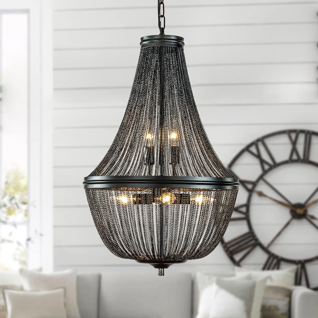6-Light Modern And Contemporary Matte Black French Empire Chainmail Chandelier