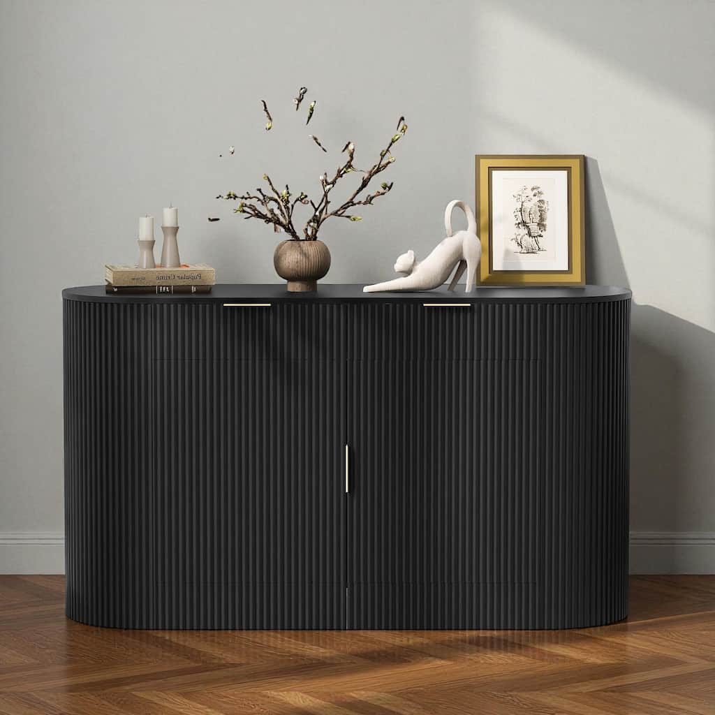 Modern 55.1" Storage Cabinet with Curved Doors, 2 Drawers & Side Shelves, Stripe MDF Buffet Console Table