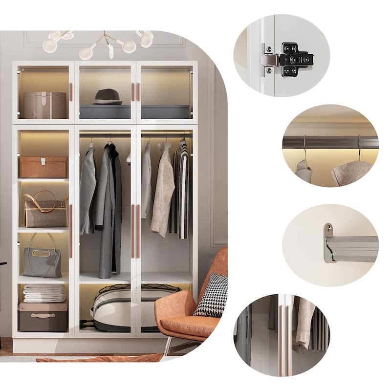 Glass Door Wardrobe Armoire Storage Closet with Light Display Cabinet