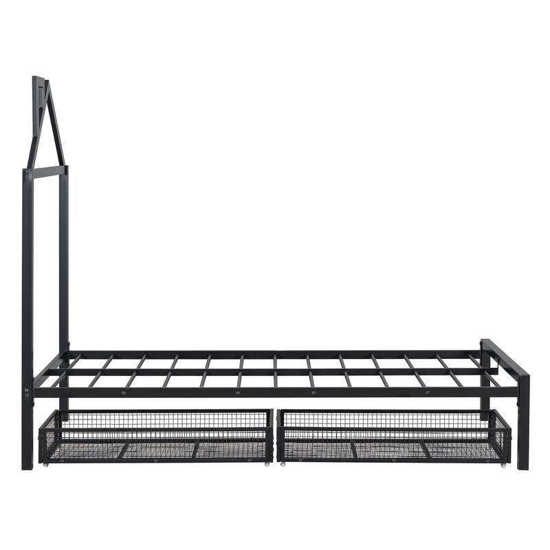 Twin Size Metal Platform Bed with House Design and 2 Storage Drawers