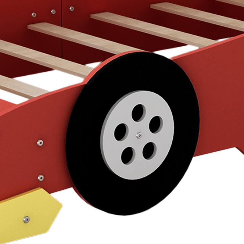 Red Twin Race Car Platform Bed with Wheels