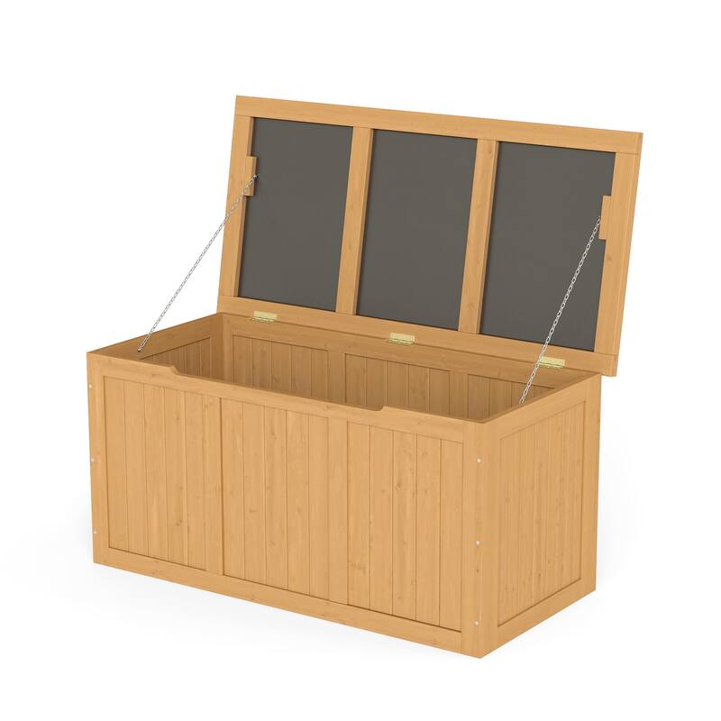 67 Gallon Outdoor Wooden Deck Box Solid Wood Storage Box Seat & Table Top for Patio Furniture Cushions, Pool Toys & Garden Tools