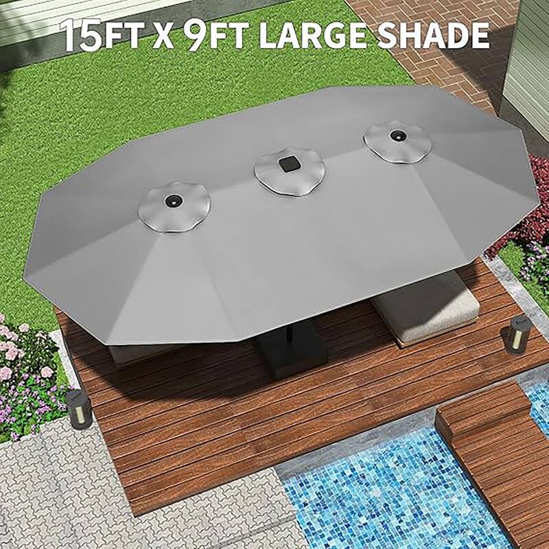 15ft Large Patio Umbrellas with Base, Outdoor Double-Sided Rectangle Market Umbrella