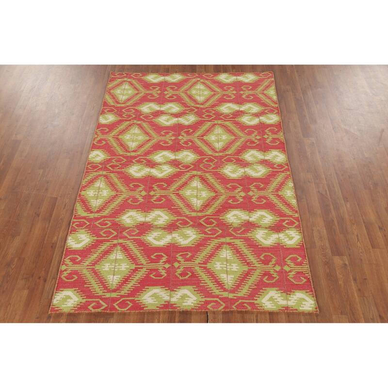 All-Over Pink Geometric Kilim Oriental Area Rug Handmade Wool Carpet - 4'9"x 7'1"