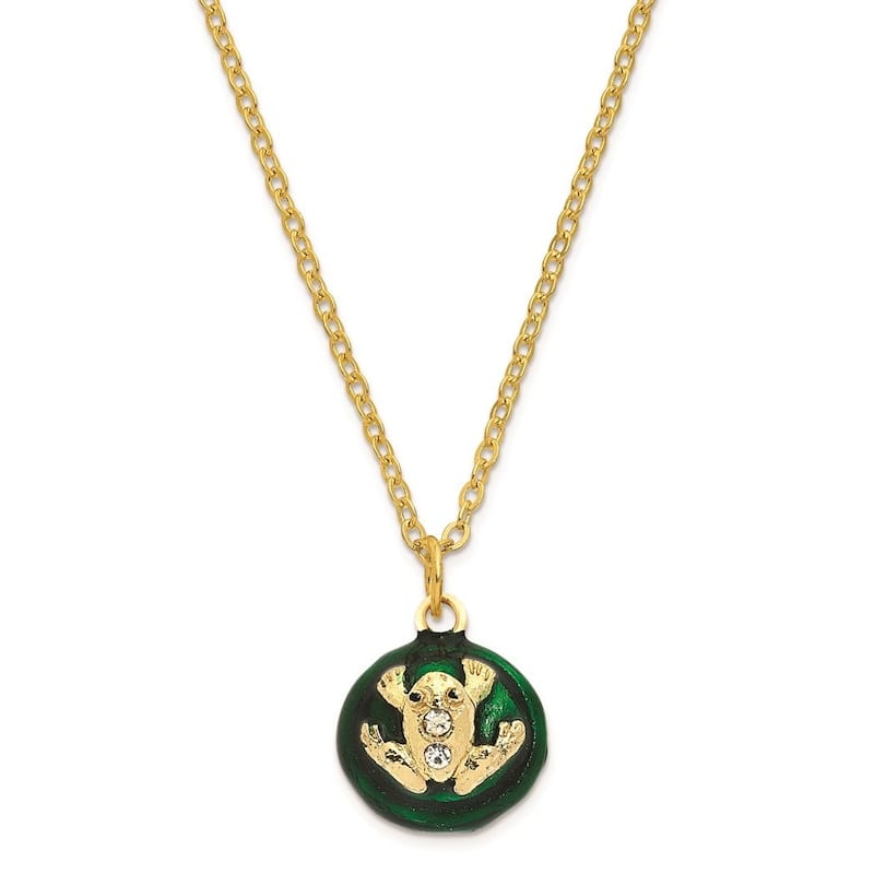Curata Pewter Bejeweled Crystals Gold-Tone Enameled Speckles Frog Box Trinket Box on 18 Inch Necklace