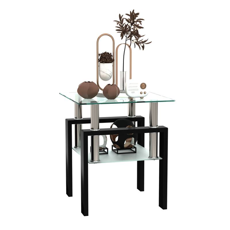 1-Piece Modern Tempered Glass Tea Table Coffee Table End Table, Square Table for Living Room, Black