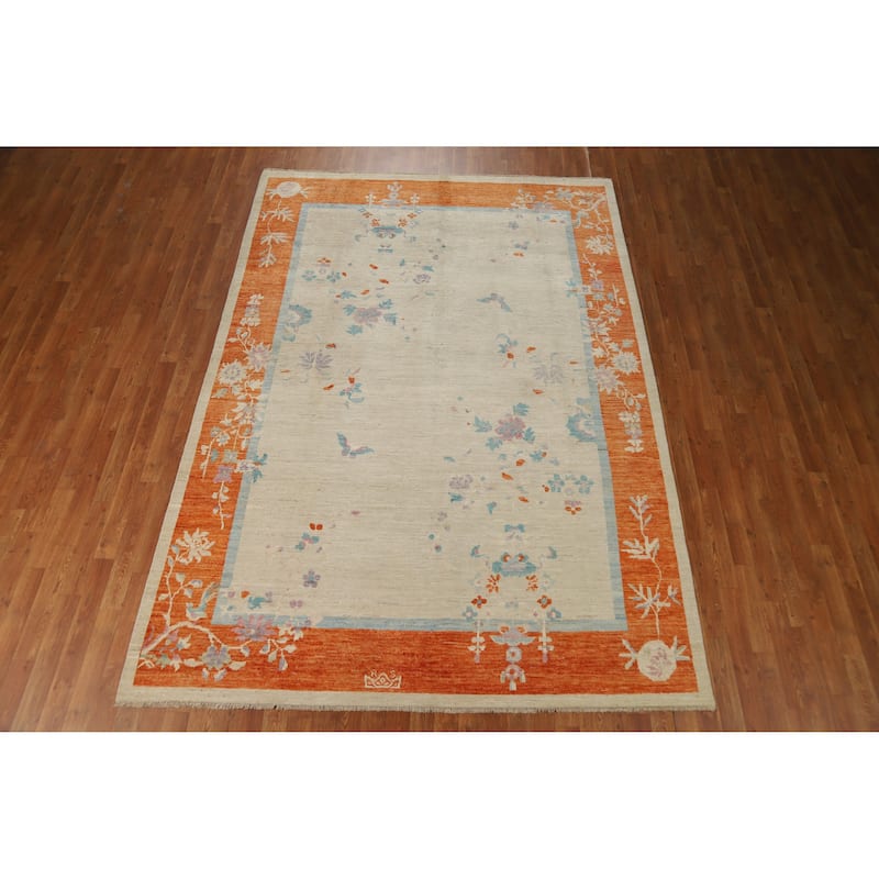 Vegetable Dye Floral Art Deco Turkish Area Rug Handmade Wool Carpet - 6'10"x 9'11"
