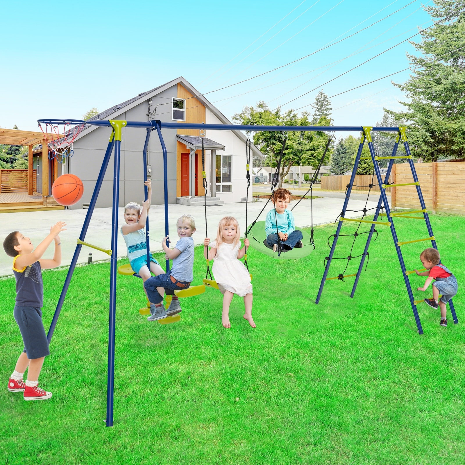 550 LBS 6-in-1 Patio Kids Swing Set with Climbing Net and Ladder
