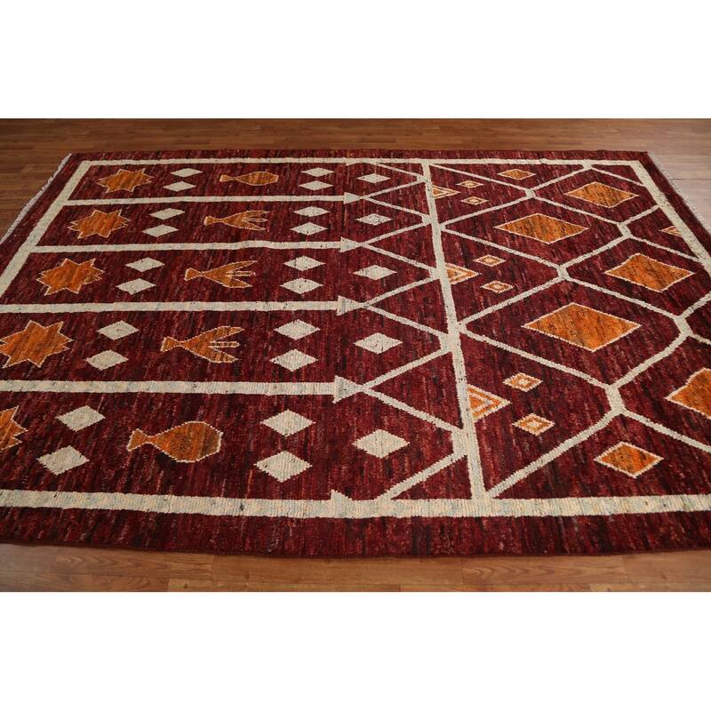 Hand Knotted Oriental 100% Wool Carpet Modern Geometric Red Moroccan Area Rug - 9' 10'' X 6' 8''