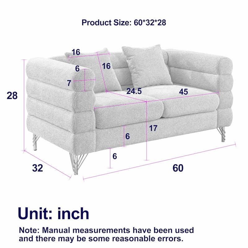 60Inch Oversized 2 Seater Sectional Sofa, Black Teddy, with 2 Pillows