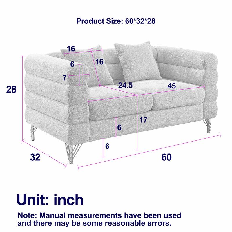Oversized Loveseat Sofa with 2 Lumbar Pillows, Teddy Fabric Upholstered 2 Seater Sofa, Lounge Sofa with Metal Legs