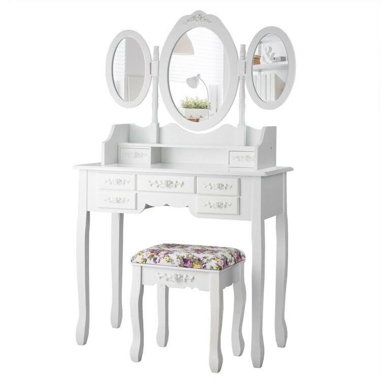 7 Drawer Tri-Folding Mirror Dressing Vanity Makeup Set - 35.5" x 16" x 59.5" (L x W x H)