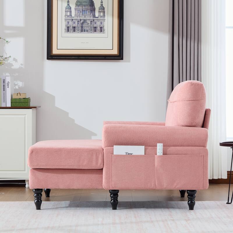 Modern Chaise Lounge Single Sofa Chair, Chenille Fabric Recliner Armchair with Side Pockets and Wooden Legs