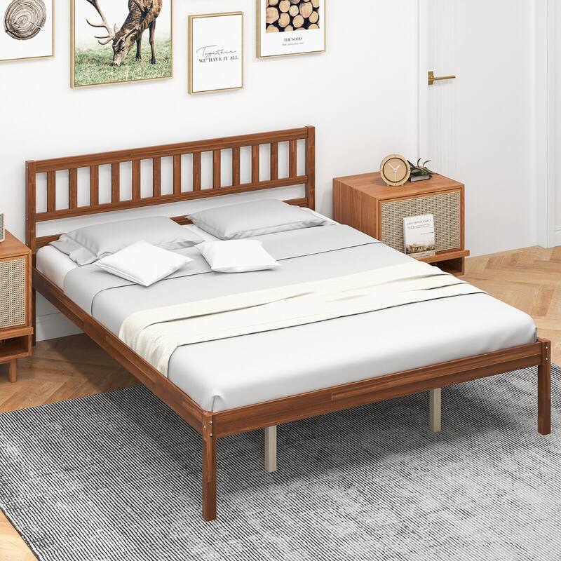 Gymax Twin/Full/Queen Platform Bed with Headboard Solid Wood Leg - Queen