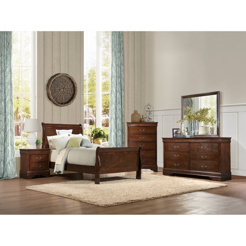 Classic Twin Size Sleigh Bed in Brown Cherry Finish, Traditional Design Bedroom Furniture