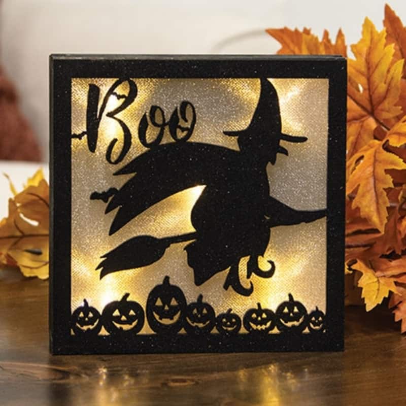 Black Sparkle Boo Witch Lighted Halloween Box Sign
