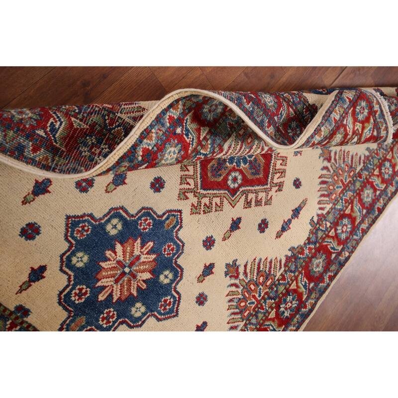 Ivory Geometric Kazak Accent Rug Handmade Wool Carpet - 3'4" x 4'10"