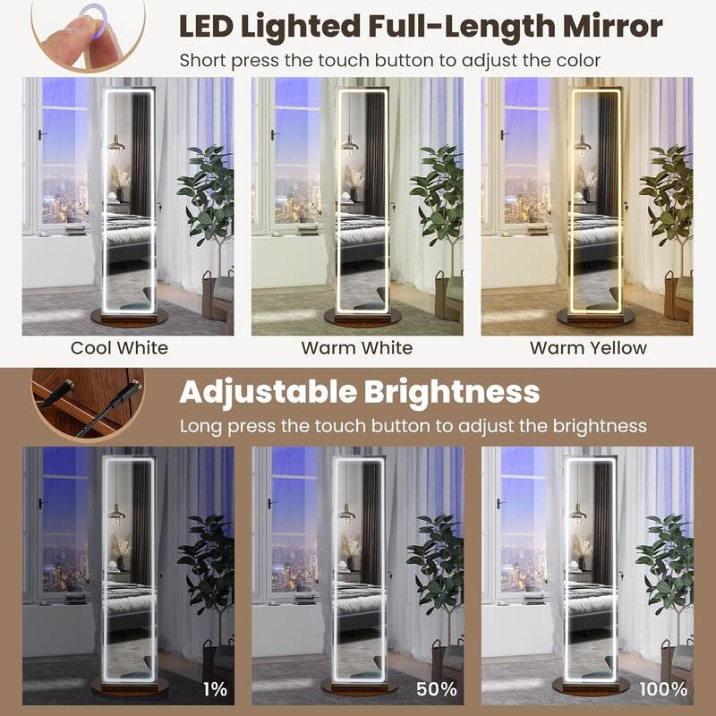 Rotating Jewelry Armoire Lockable Standing Jewelry Cabinet w/ Mirror