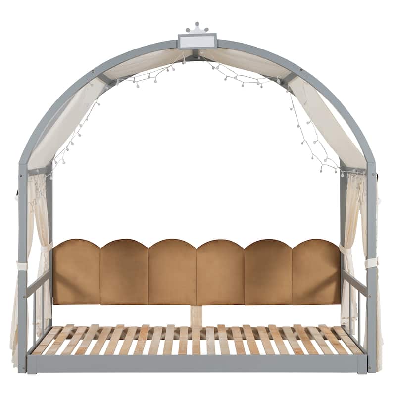 Wood Twin Size Bed Frame with Arched Roof, Floor Bed with Light and Curtain, Pull-out Kids Bed for Girls Boys Bedroom