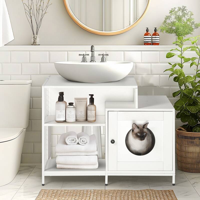 Hidden Cat Litter Box Enclosure with Divider for Large Indoor Cats - White