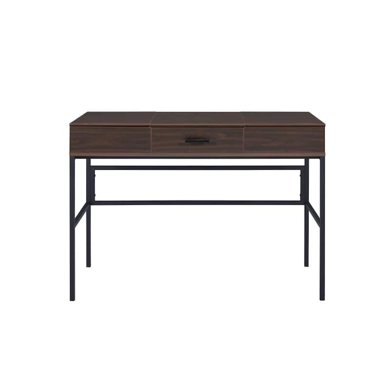Wood Writing Desk with USB Port, Drawer and Black Metal Base - Brown and Black